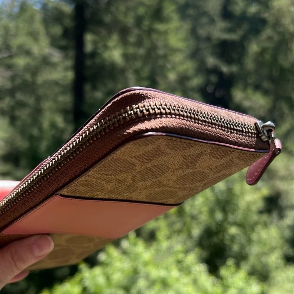 COACH Long Zip-Around Wallet Tan/Pink Signature Canvas & Leather w Gold Hardware